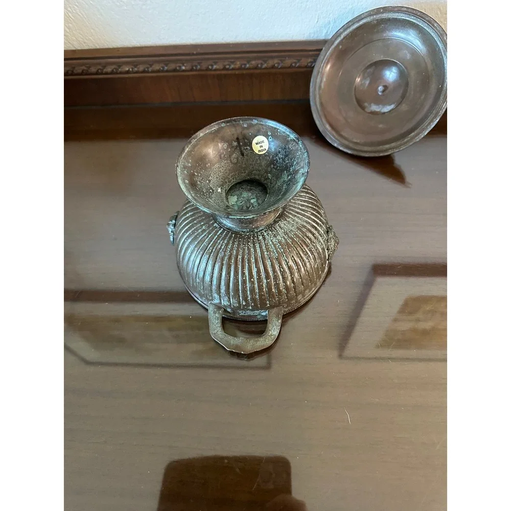 Solid Brass Urn Style Bowl Lid Trinket Pedestal Double Lion Heads‎ Shelf Decor